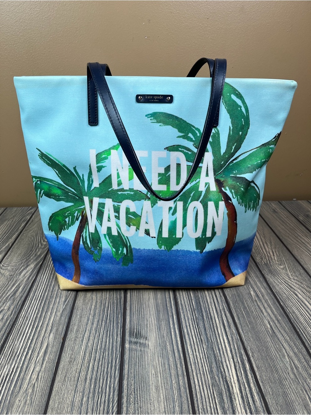 kate spade 'I Need a Vacation' Blue Palm Print Tote
